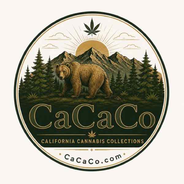 A polished circular emblem for a California cannabis company reading cacaco.com, with a grizzly bear, mountains, pines, and a rising sun.