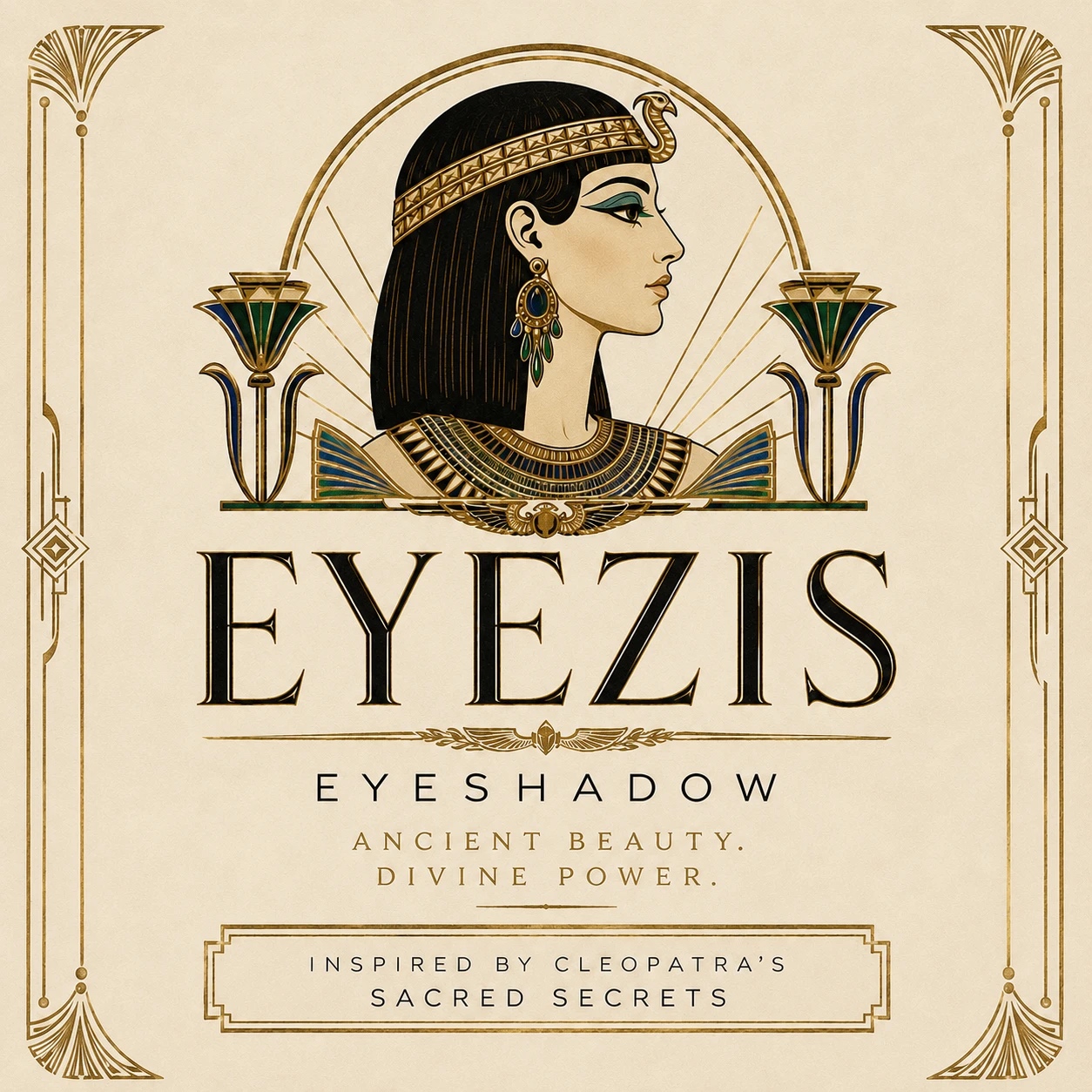 EyeZis Eyeshadow in the Alabaster register: a Cleopatra profile beneath a golden arch of rays and papyrus columns, on cream.