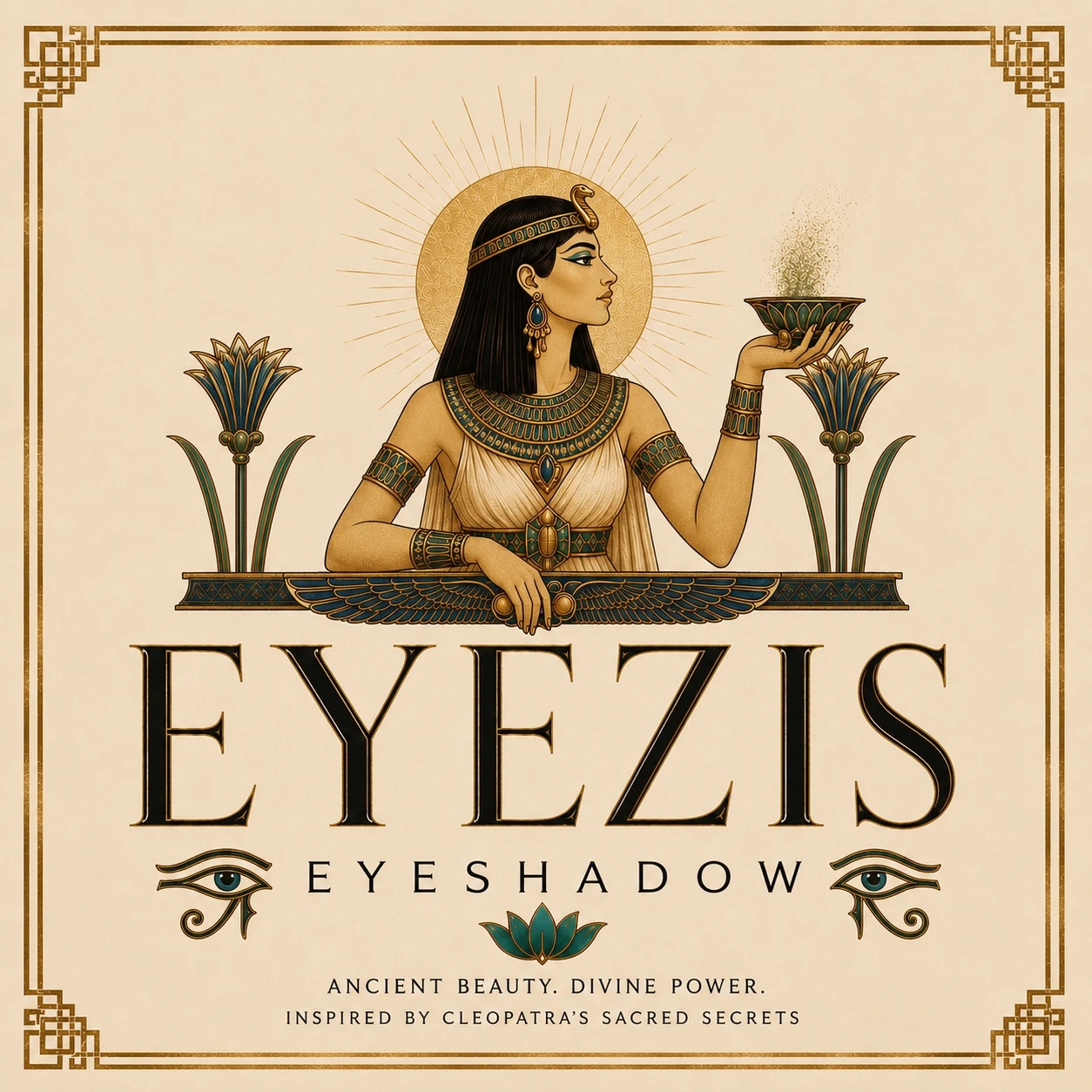 EyeZis Eyeshadow in the Alabaster register: Cleopatra lifting a bowl of shadow, drawn on cream with twin Eyes of Horus.