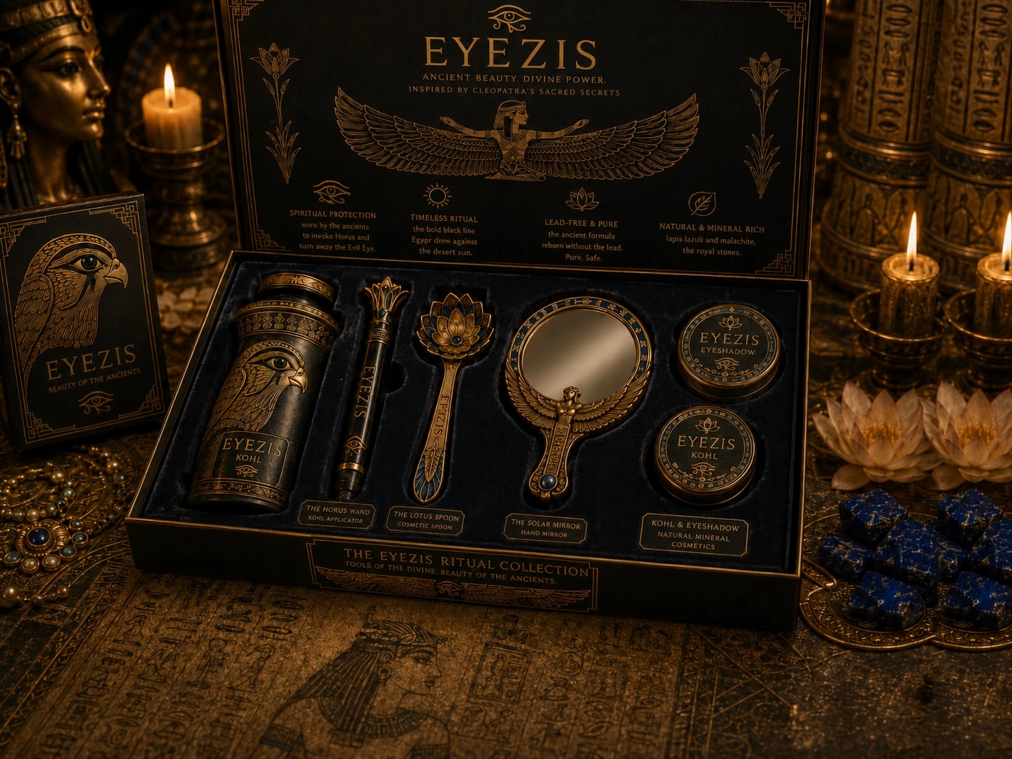 The EyeZis Ritual Collection boxed set: the Kohl vessel, Horus Wand, Lotus Spoon, Solar Mirror, and mineral tins in black and gold.