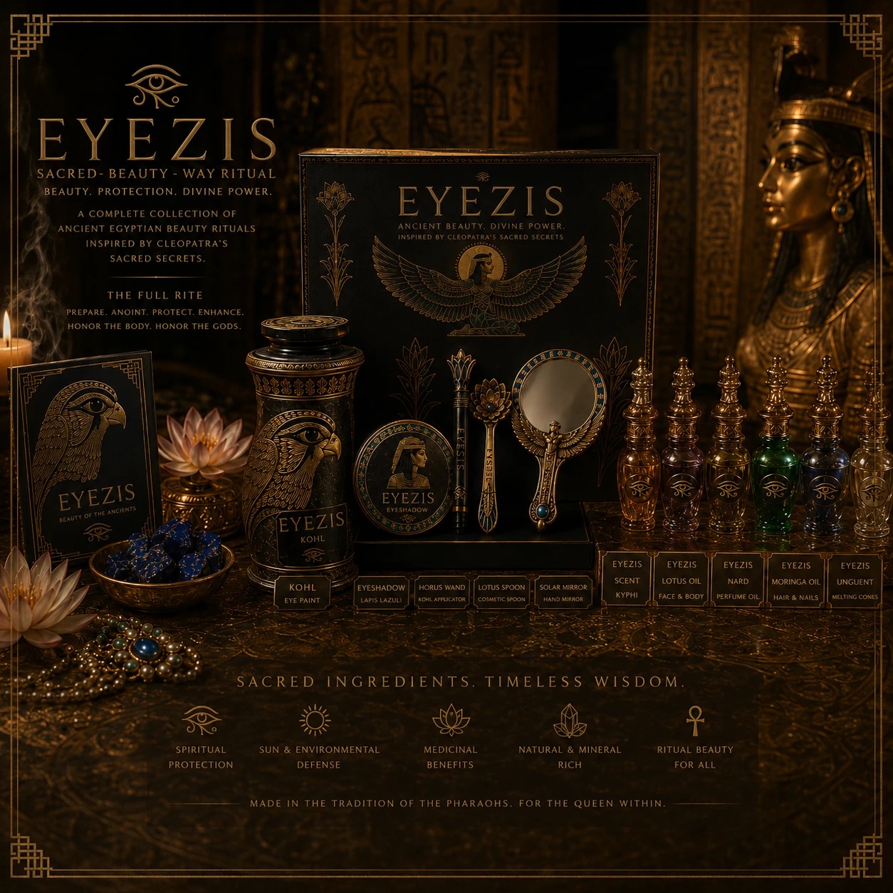 The full rite in the Obsidian register: the complete collection with essential oils and unguent, candlelit in black and gold.