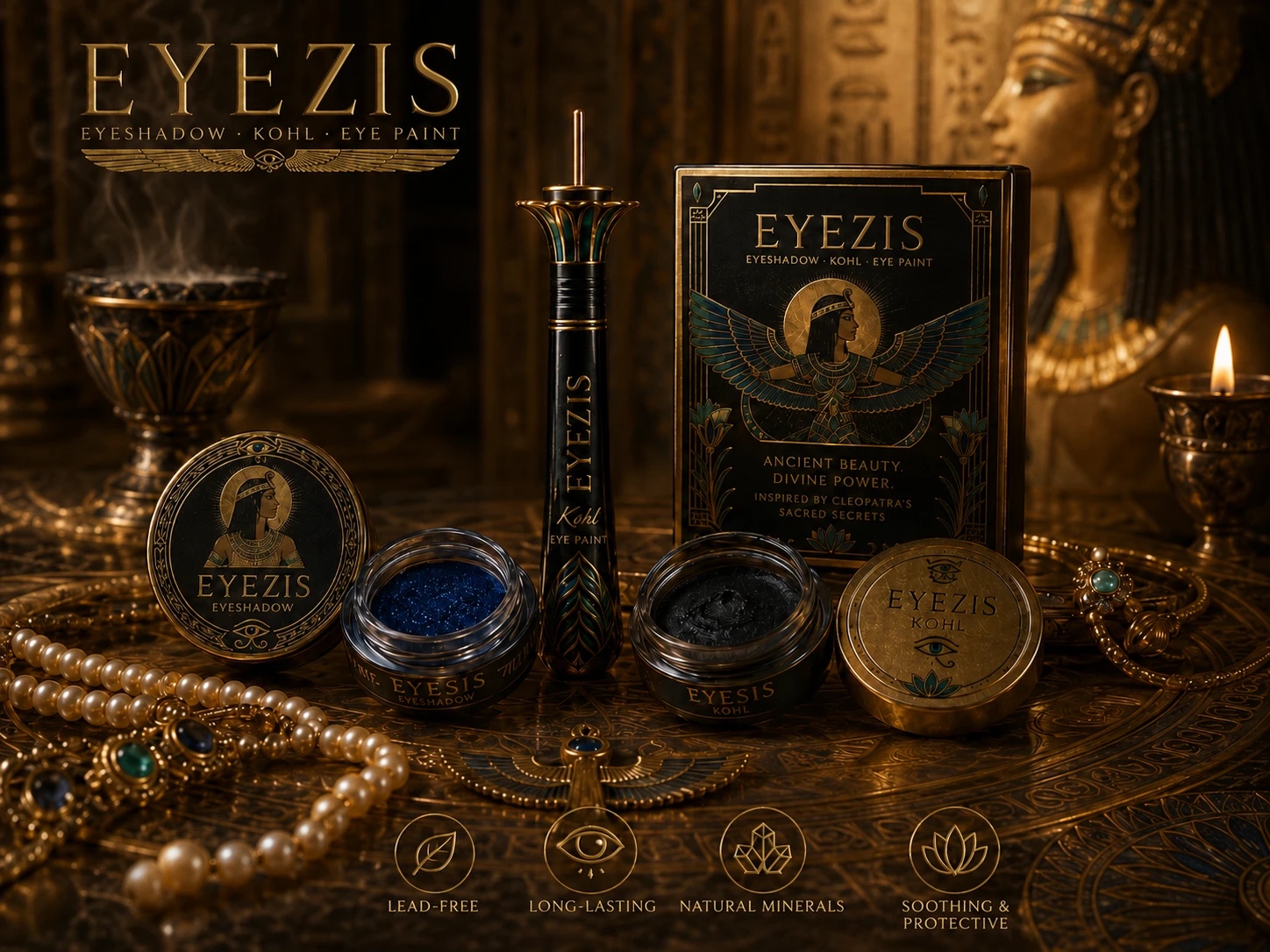 The EyeZis Kohl eye-paint vessel beside raw lapis lazuli and lotus, by candlelight.