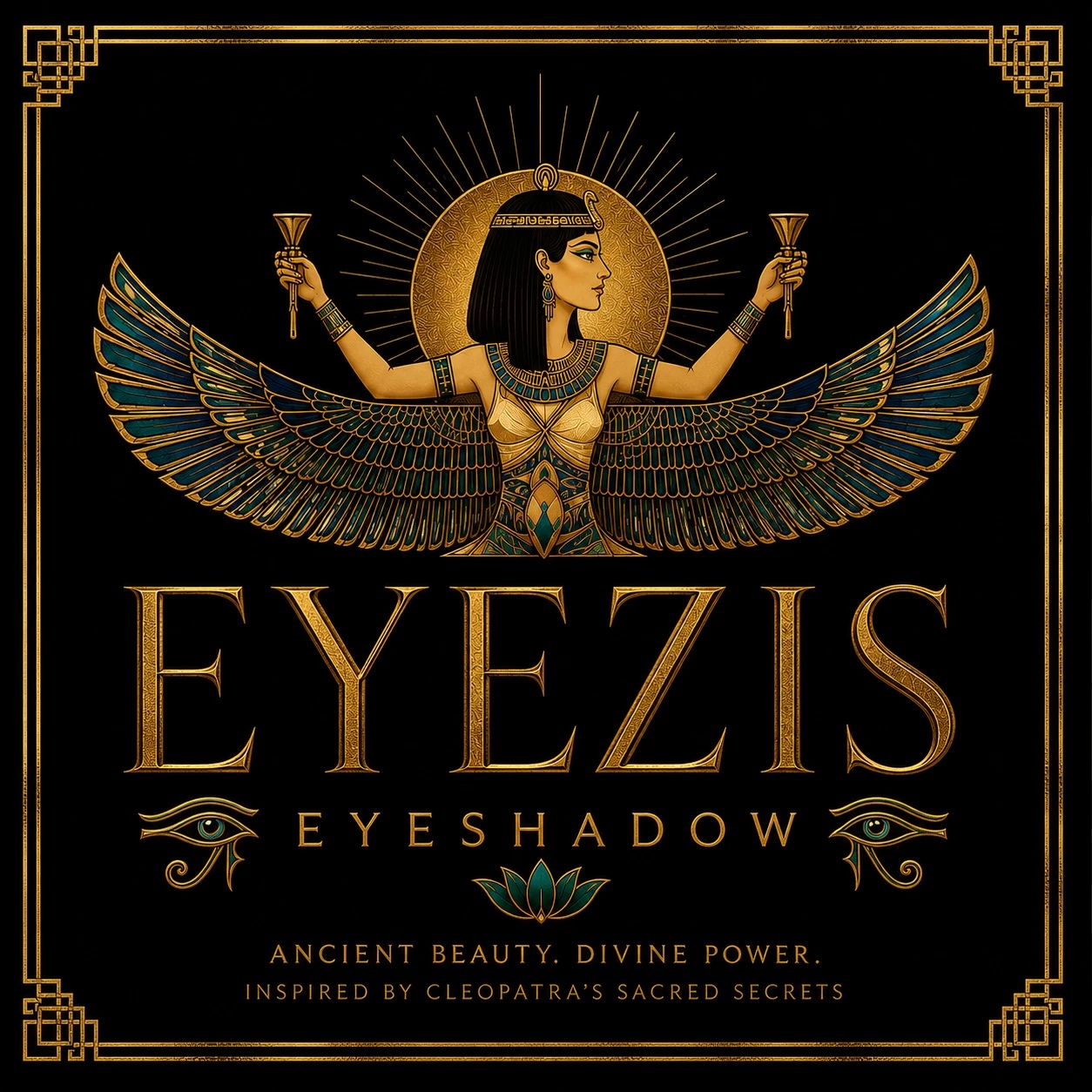 The EyeZis emblem in the Obsidian register: the winged goddess Ma'at holding lotus cups before a gold sun disc, on black.