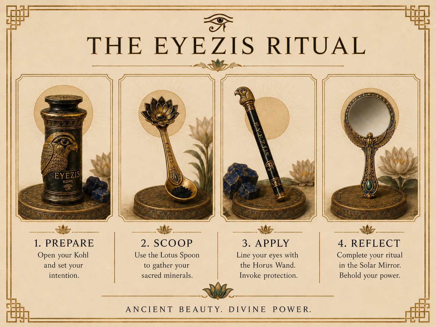 The EyeZis rite in four steps: prepare, scoop, apply, reflect.