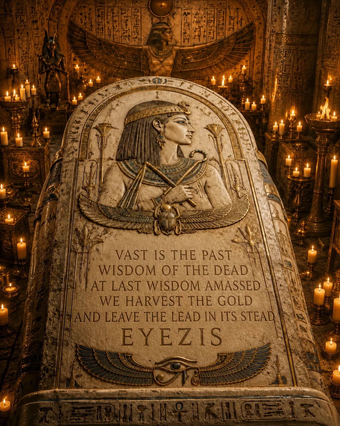 The Stele of EyeZis, carved in a candlelit tomb: Vast is the past, wisdom of the dead. At last, wisdom amassed, we harvest the gold and leave the lead in its stead. EyeZis.