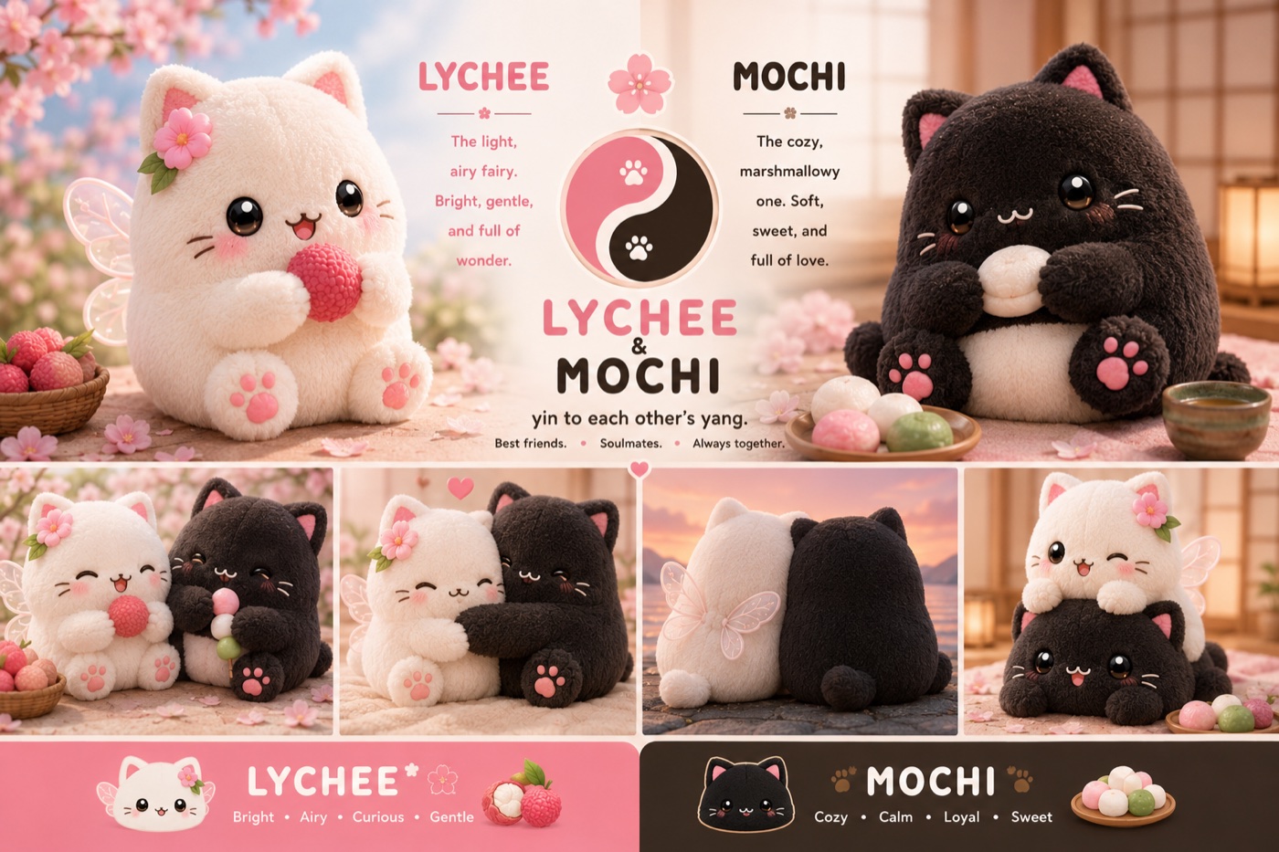 Lychee & Mochi character brand board, plush designs, yin-yang mark, and character bible